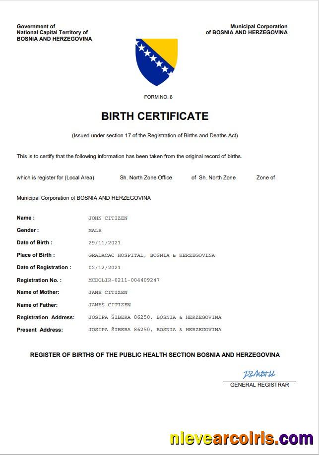 Bosnia and Herzegovina vital record birth certificate